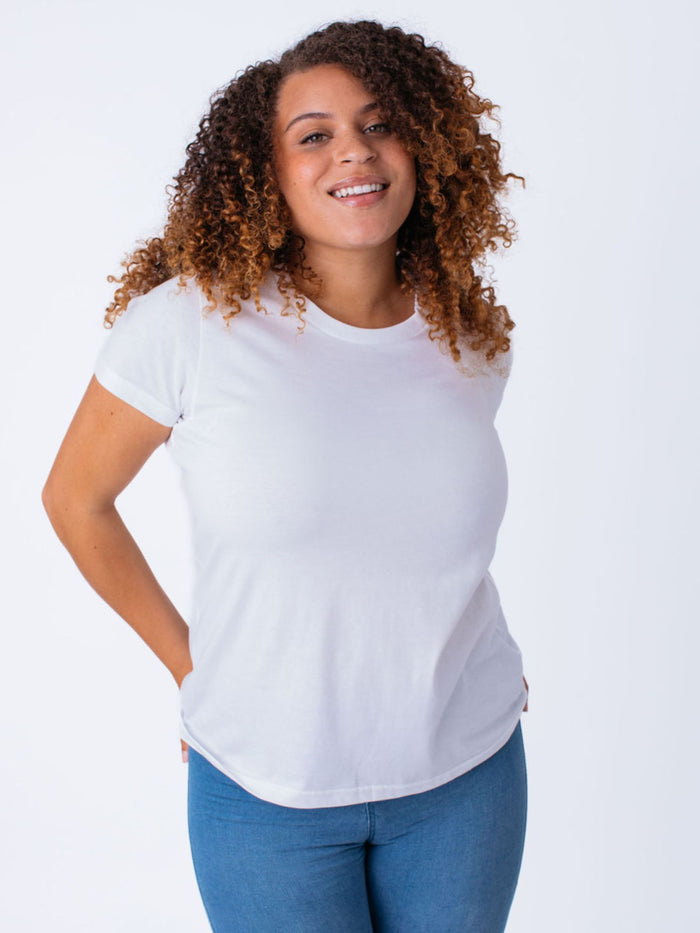 Micah is 5'9, size 10 and wears a size L # Women's Best Sellers Crew 5-Pack with Membership | White | Fresh Clean Threads