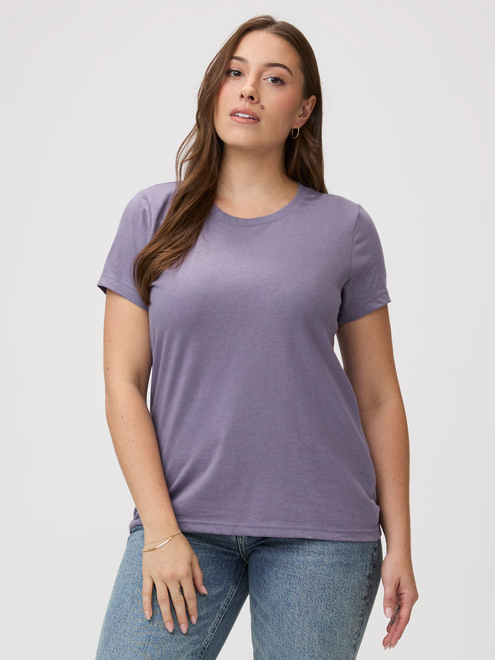 Laurel is 5'7" and wears a medium # Premium Tees for Women | Flint Purple looks great on you!
