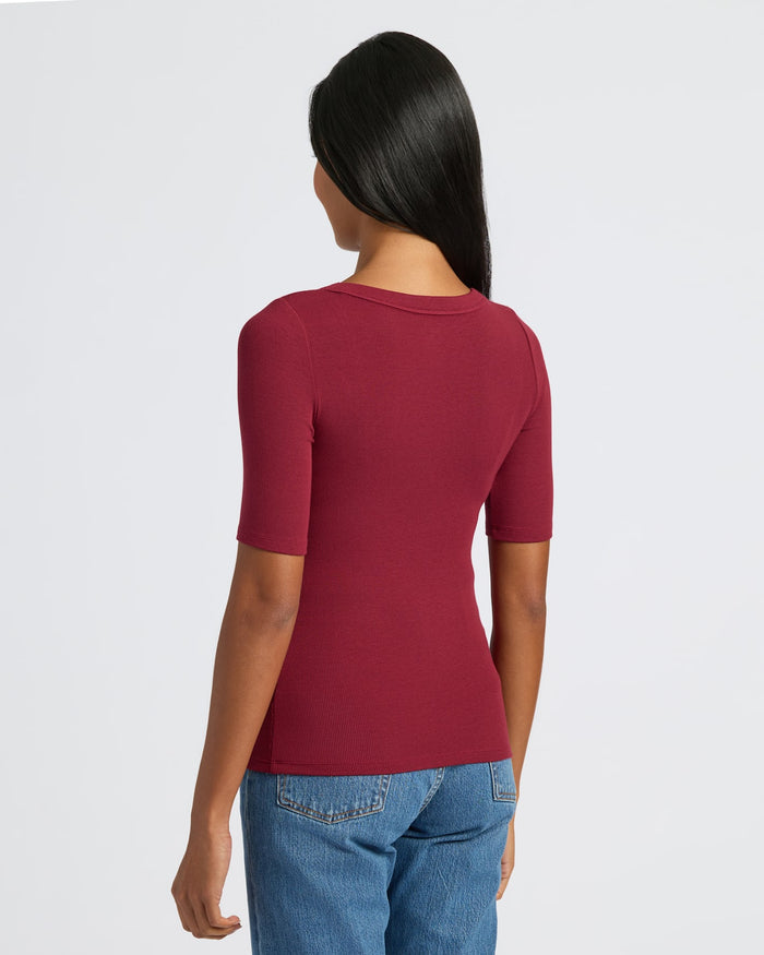 Woman wearing Womens Dark Maroon Ribbed 3/4 Sleeve Scoop Neck Tee.