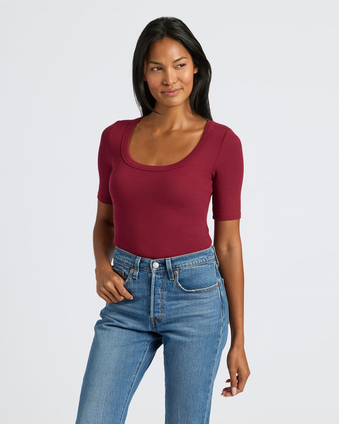 Woman wearing Womens Dark Maroon Ribbed 3/4 Sleeve Scoop Neck Tee.