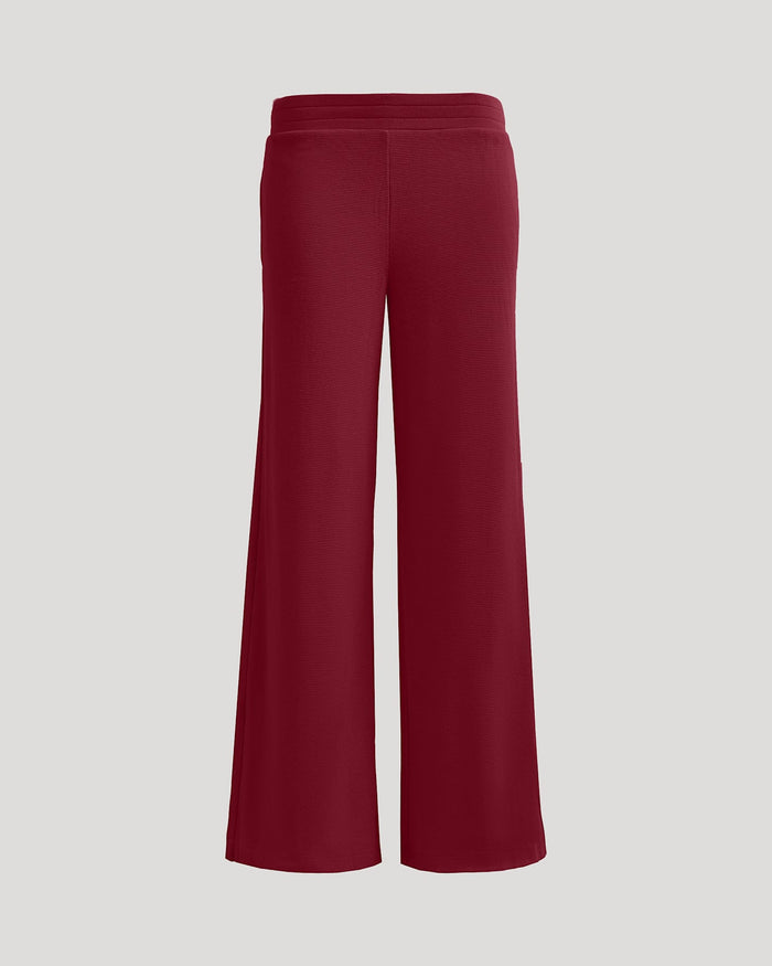 Womens Dark Maroon Waffle Wide Leg Pants with elastic waistband.