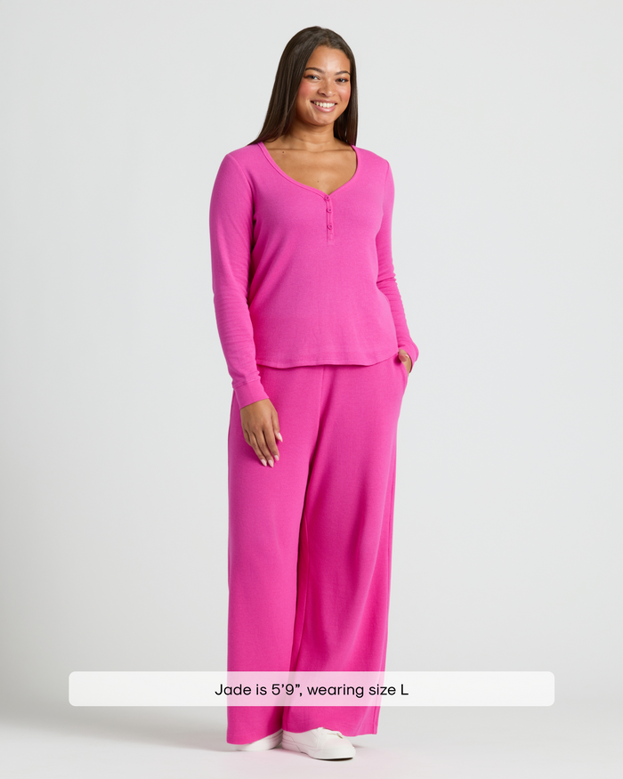 Model in Womens Electric Fuchsia Waffle Wide Leg Pants set.