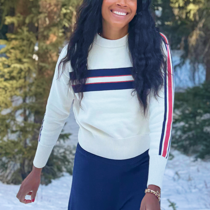 women's navy and red stripe cropped knit sweater