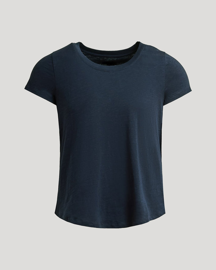 Womens Navy Slub Scoop Neck Tee, relaxed fit, crew neckline.