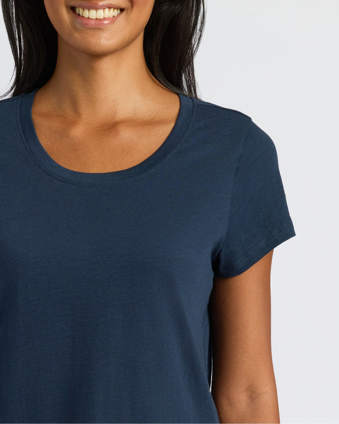 Woman wearing Womens Navy Slub Scoop Neck Tee, smiling.