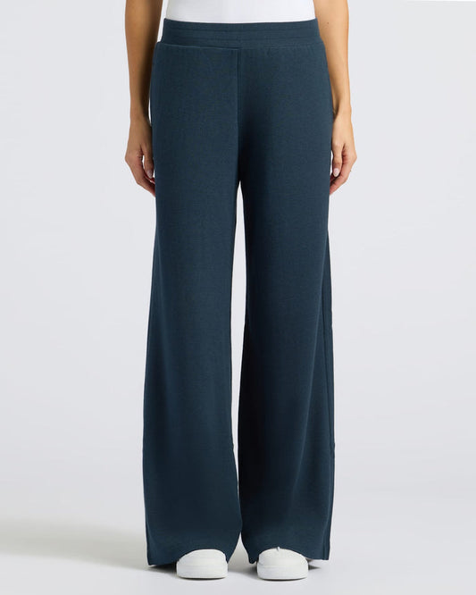 Womens Navy Waffle Long Sleeve Henley & Waffle Leg Pant modeled.