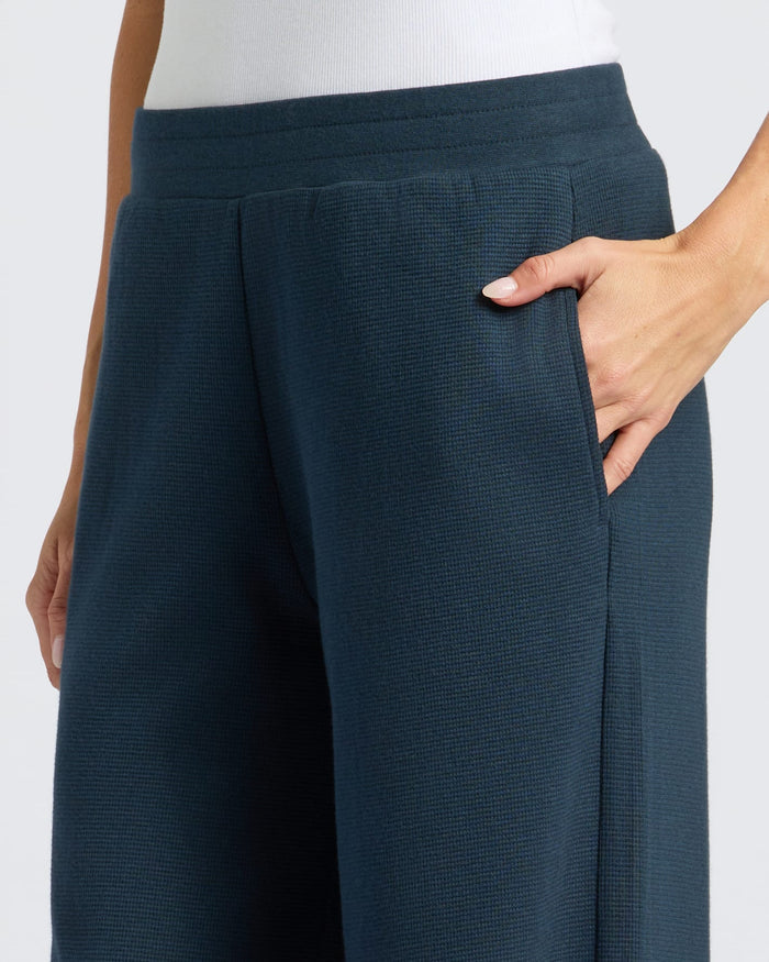 Womens Navy Waffle Long Sleeve Henley & Waffle Leg Pant close-up.