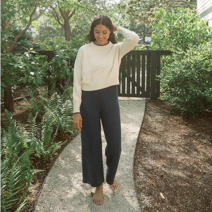 women's navy wide leg knit pant
