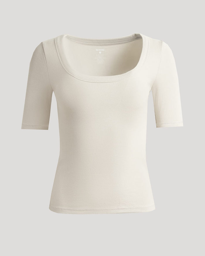 Womens Oatmeal Ribbed 3/4 Sleeve Scoop Neck Tee, fitted and cozy.