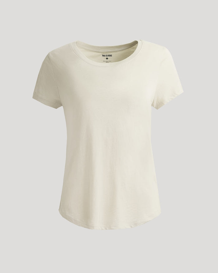 Womens Oatmeal Slub Scoop Neck Tee, relaxed fit, crew-neck, short-sleeve.