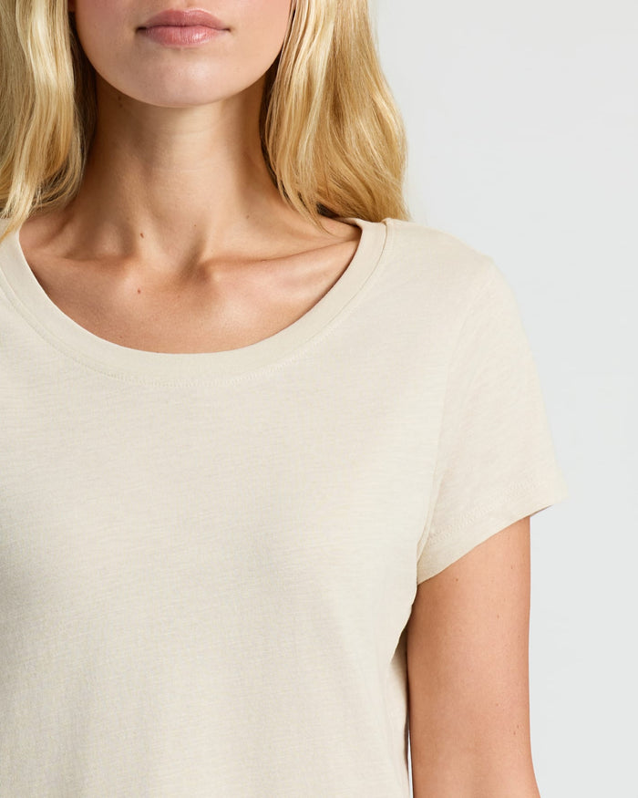 Womens Oatmeal Slub Scoop Neck Tee 4-Pack on model, showcasing relaxed fit.
