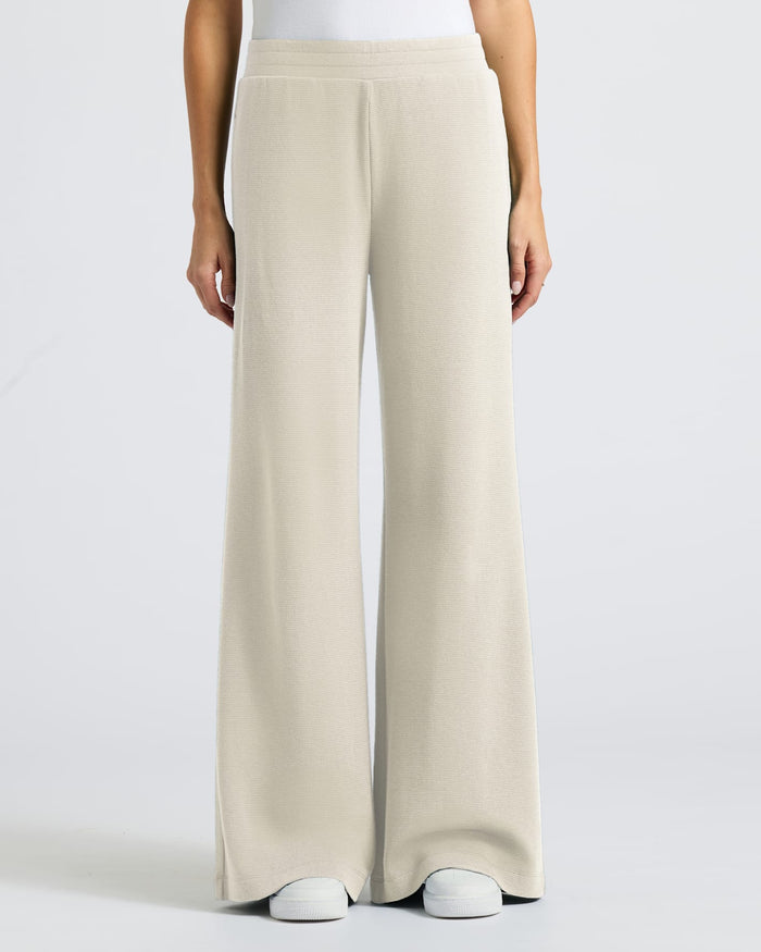 Womens Oatmeal Waffle Leg Pant, wide-leg, elastic waist, cozy fit.