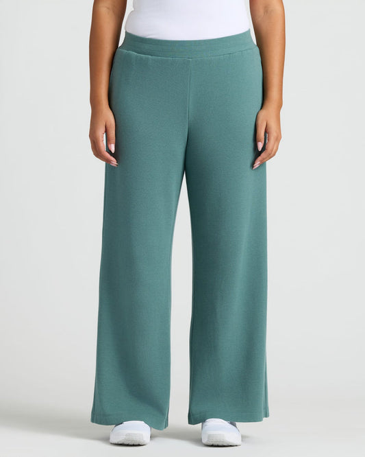Womens Stormcloud Waffle Pant with white tank and sneakers.