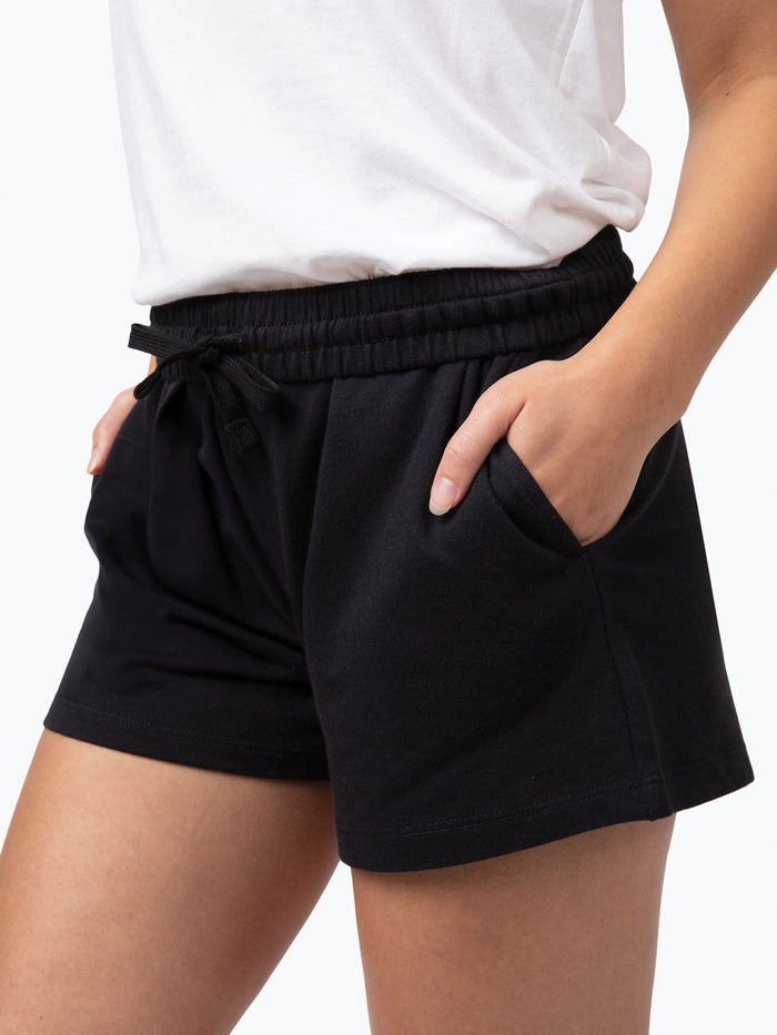 Convenient front side pockets # Black and Navy Terry Lounge Shorts | Fresh Clean Threads