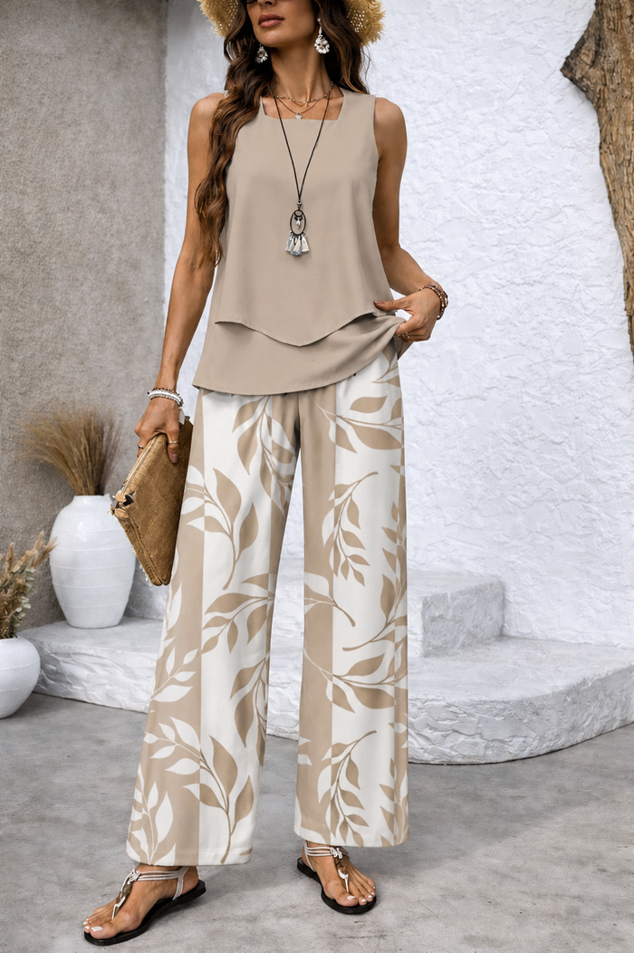 Xanthe - Ensemble femme beige avec pantalon large imprimé feuillage