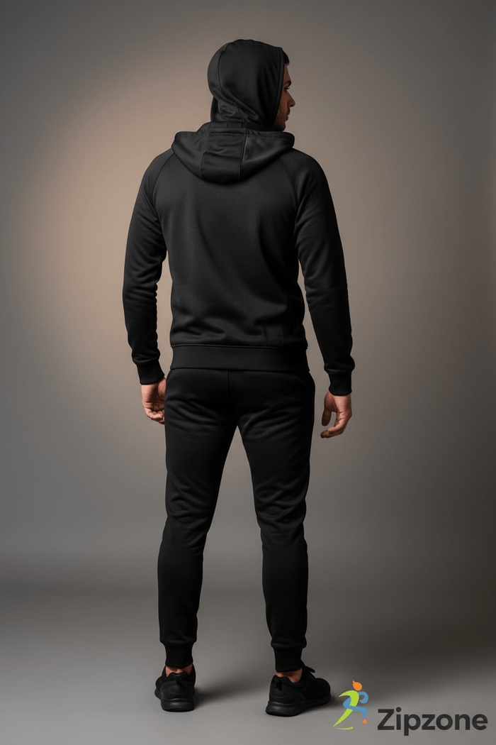 Zipzone Essentials Black Zip - Up Tracksuit | Unisex Hooded Athletic Set - Zipzone International