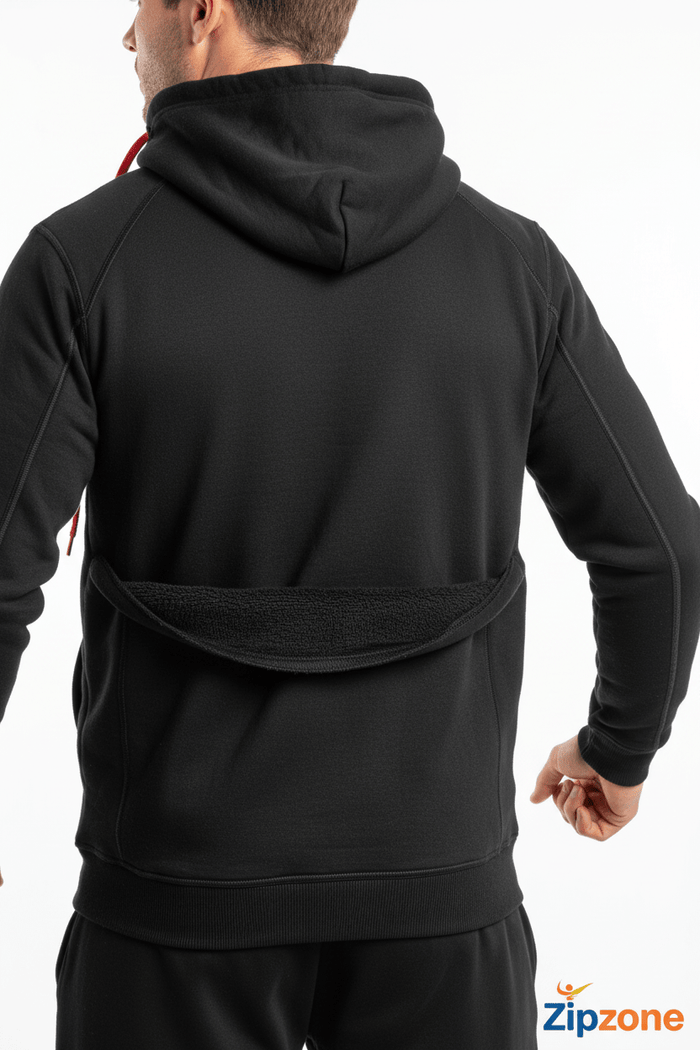 Zipzone Minimalist Black Hoodie | Premium Fleece with Red Drawstrings - Zipzone International